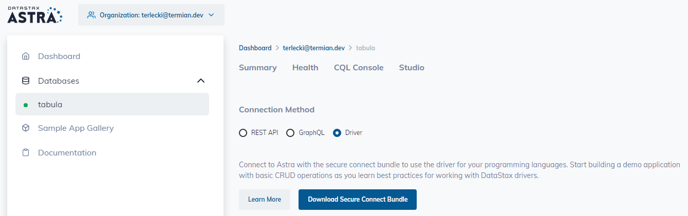 DataStax Astra – strona przedstawiająca metody połączenia