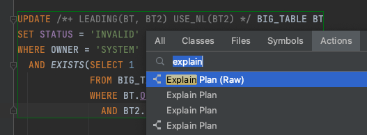 Screenshot of the IntelliJ's "Explain Plan" quick action for a SQL query