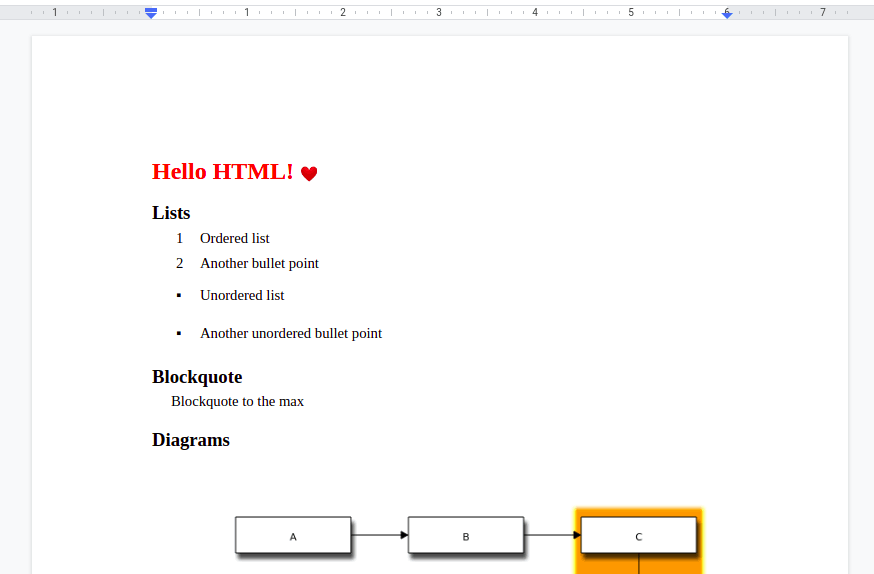 An example of an HTML document displayed in Google Docs exported to DOCX using html-to-docx