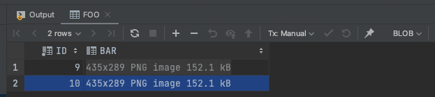 IntelliJ Console screenshot showing an exportable/importable BLOB image