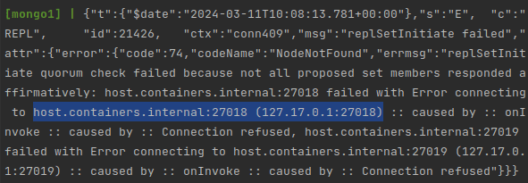 Zrzut ekranu przedstawiający błąd replikacji przy zduplikowanym wpisie 'host.docker.internal' w pliku '/etc/hosts' powodowany połączeniem z niewłaściwym adresem IP.
