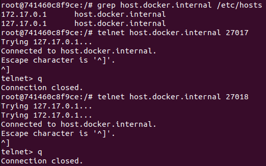 Zrzut ekranu przedstawiający zduplikowany wpis 'host.docker.internal' w '/etc/hosts' kontenera pochodzący zarówno z hosta jak i z kontenera.