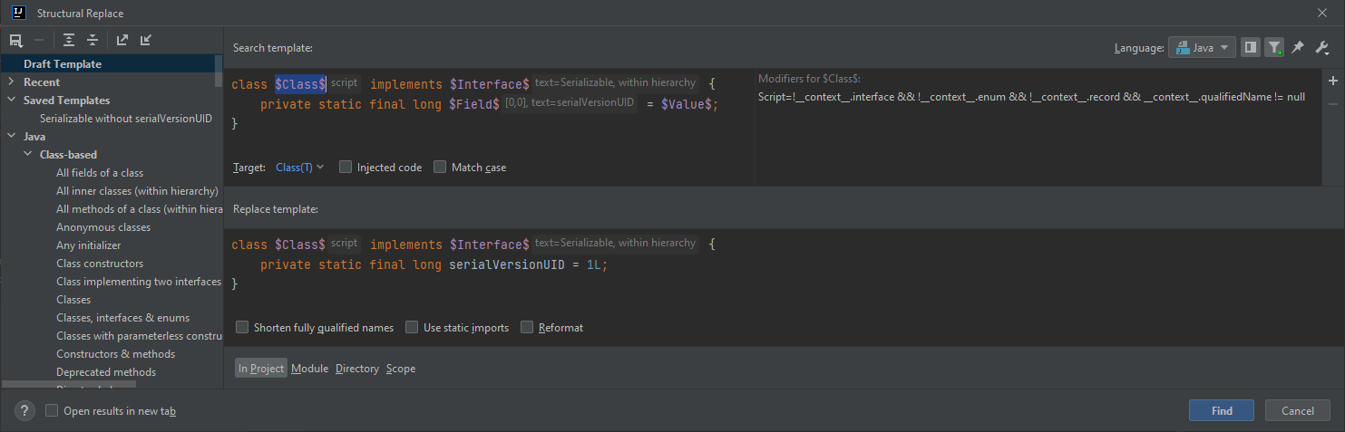 IntelliJ Structural Search/Replace