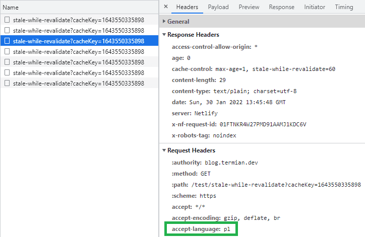 Asynchronous revalidation query in the Chrome browser's network tab