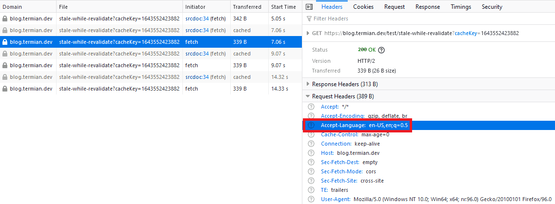 Missing headers in the revalidation request in the Firefox network tab