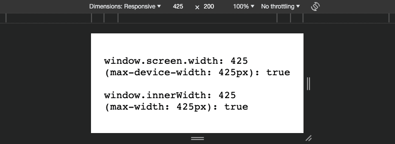 Image showing tests of "min-width" and "min-device-width" values with a browser DevTools directly on the page and via iframe